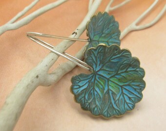 Verdigris Earring, Mixed Metal Earrings Brahmi Leaf Earrings, Blue Green Patina Earrings, Leaf Jewelry, Long Earrings, Contemporary Earrings
