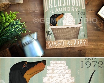 Dachshund dog Laundry Company basket illustration graphic art on canvas by stephen fowler