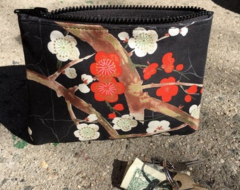 Black Cherry Blossom Cotton Print 7" Coin bag, Cosmetic Case, Make Up bag, i phone Case