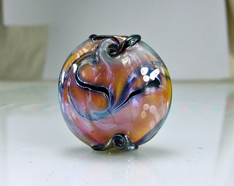 Pink Blue Black Lampwork Glass Lentil Focal Bead SRA Lampwork