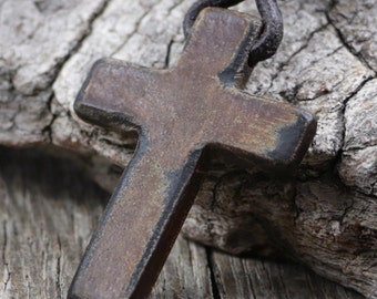 Mens Cross Necklace, Leather Necklace, Cross Pendant, Surfer Necklace, Horn Cross, Wood, Rustic, Christian, Natural, Brown, Masculine