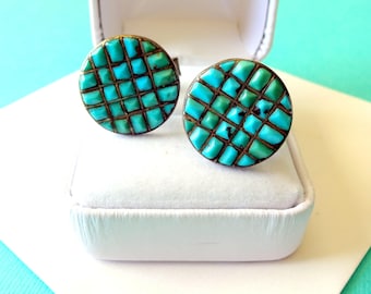 SALE..Zuni Sterling Silver and Turquoise Inlay Cufflinks