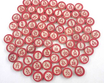Vintage Wooden Bingo Game Pieces with Red Numbers and Letters Set of 74