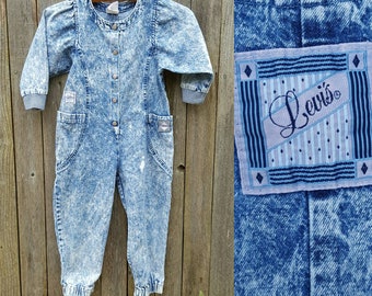 Vintage Kids Coveralls  // Vtg 80s LEVI'S Distressed Acid Wash Denim Jumpsuit // child size 3 / 4 yrs