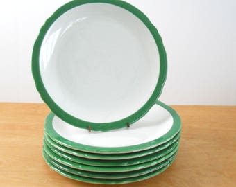 Vintage Restaurant Ware Plates • Shenango China Anchor Hocking • Green Trim Dinner Plates
