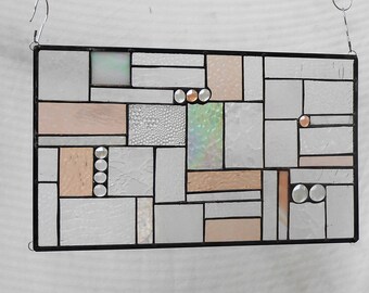 Stained Glass Panel, Traditional Glass Patchwork Quilt Window Art, Stained Glass Transom Window, OOAK Geometric Stained Glass Window Valance