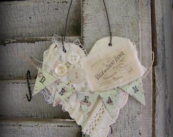 Shabby White Decor French Heart Ornament Vintage Paris Vintage Mixed Media Cottage Style Heart Wall Hanging Antique Paper Ornament DREAM