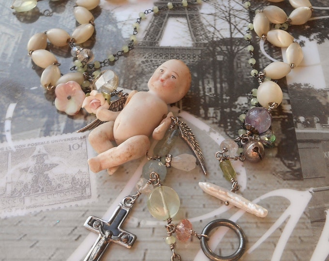 Be My Little Baby Antique Doll Antique MOP Rosary Gemstones Necklace