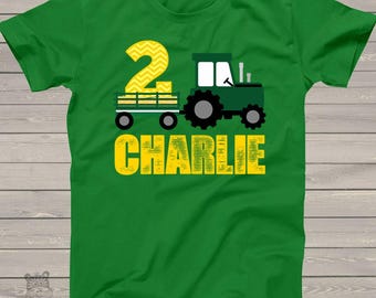 Tractor birthday shirt - green yellow chevron personalized birthday shirt - plow tractor DARK birthday Tshirt MDB-008D