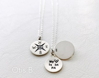 My heart is in State abbreviation necklace, Love, Compass charm necklace, long distance relationship, valentines, friends, custom stamping