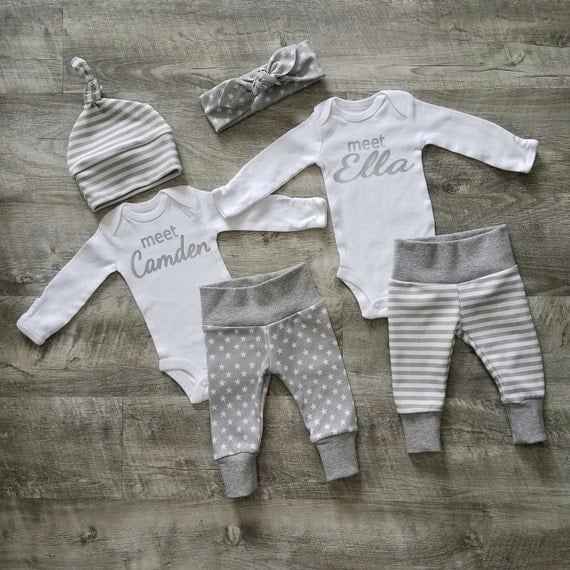 Two Personalized Coming Home Outfits. Boy Girl Twins Welcome