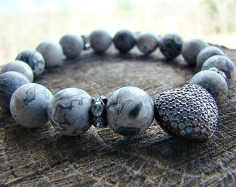 Beaded Stretch Bracelet, Jasper Bracelet, Semi Precious Stone Bracelet, Pave Heart Bracelet, Womens Bead Bracelet, Gemstone Bead Bracelet