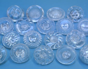Lot of 20 vintage 1940s used new-washed all different ornament translucent glass buttons with backside selfschranks for your sewing prodject