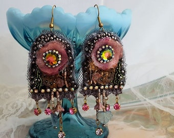 Tiffany earrings, lace earrings, Boho statement earrings, long lightweight flower earrings, Swarovski bead embroidery textile jewelry, gray