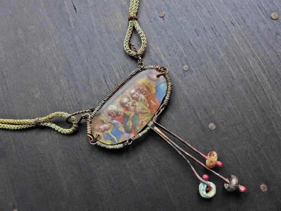 Resin artist necklace with wire-wrapped pendant and woven chain - "As Long As We Have Voices"
