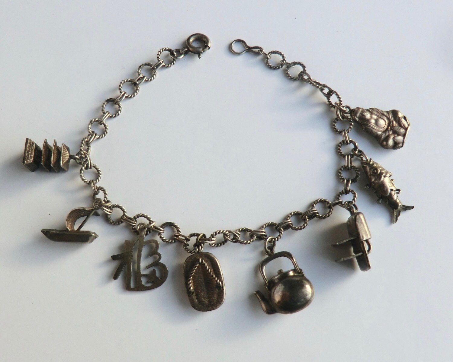 Vintage Silver Charm Bracelet Japanese Charms Teapot Buddha