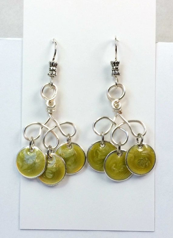 Yellow-Green Enameled Disks Dangle Earrings with Hand Made