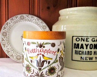 Vintage Ceramic Crock/German/Pa. Dutch Folk Art Crock/ Lidded Crock/Vintage Kitchen/Storage