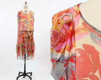 20s Dress Rose Print Small Medium / 1920s Dress Handkerchief Hem Silk / English Rose Dress