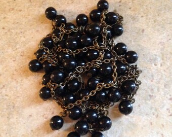 Black Beads on Antiqued Brass Chain Necklace