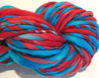 HALF OFF SALE Bulky Handspun Yarn Dr Seuss 100 yards hand dyed wool red white blue yarn waldorf doll hair knitting supplies crochet supplies