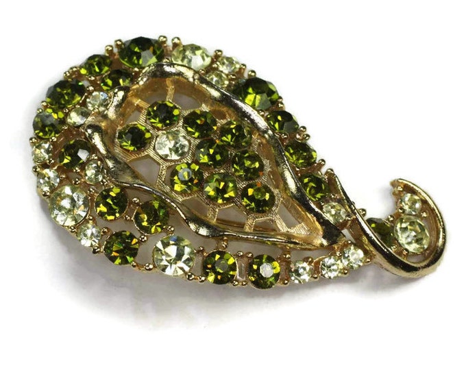 Green Rhinestone Brooch Signed Lisner Light and Dark Green Rhinestones Vintage