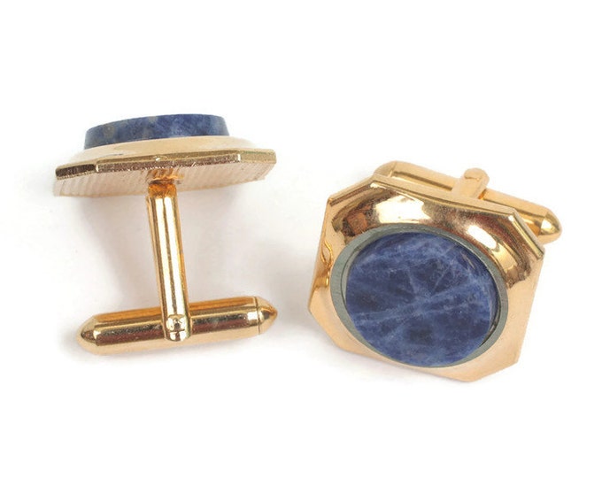 Sodalite Cuff Links Gold Tone Squared Swivel Backs Blue Gemstone Vintage