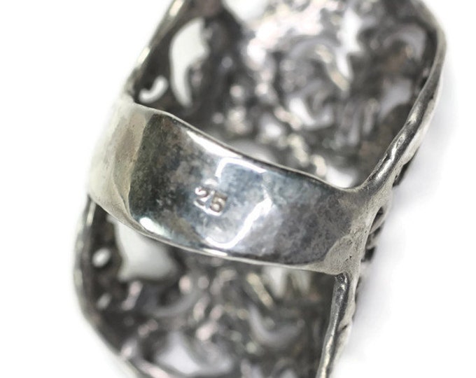 CIJ Sale Large Sterling Statement Ring Size 8 1/2 Knuckle Duster Pierced Filigree Vintage