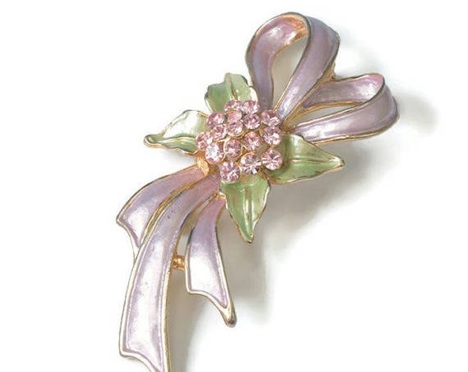 Enameled Lavender Brooch Lavender Rhinestones Green Accents Vintage