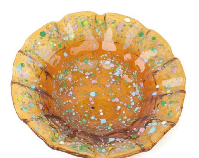 Amber Glass Dish Pastel Splatter Design Vintage