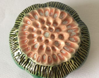 One Emerald Green and Pink Ceramic Flower Pod Wall Art