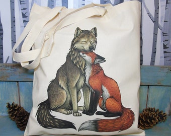 Wolf & Fox Illustration Eco Tote Bag ~ 100% Cotton Long Handles