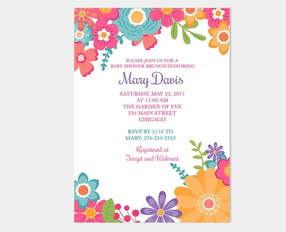 Tropical Flowers Floral Baby Shower Invitations Personalized Pdf