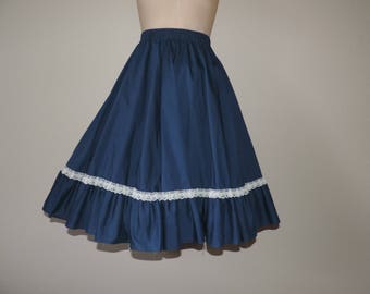navy ruffle swing skirt 70s lace square dance circle dolly country western medium large