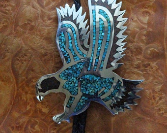 Navajo Silver Bolo Tie Inlaid Eagle