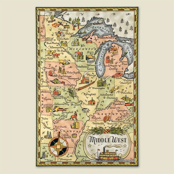 The Middle West 1940s Vintage Archival Illustrated Map Giclee