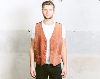 Suede LEATHER Vest . Mens Vintage Brown Waistcoat 1980s Sleeveless Jacket Cowboy Western Brown Biker Vest . size Extra Large XL