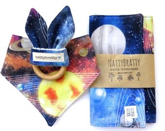 Modern Baby Bib - Burp Cloth - Teething Ring - Gift Set or Individual Sale - Galaxy Outer Space Planets - Baby Boy Gift - Baby Shower Gift