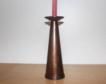 Lg Hammered Copper Candle Holder - Heavy 12" HIgh - Has some Silver Metal Trim and Rivets/Studs - Craftsman Primitive Goth