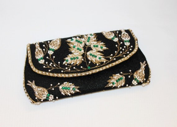 Vintage Embroidered Beaded Black and Gold Clutch Purse