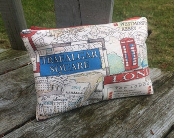 London Map Canvas Zipper Pouch, Make-Up Bag, Cosmetic Case, London Landmarks, Big Ben, London Eye, Underground - FREE U.S. SHIPPING
