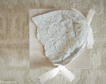 CLEARANCE Sale Baby Bonnet, Lace Newborn Hat, Baby Girl Lace Hat, Floral Bonnet, Gray Hat, Newborn Props, RTS Hat, RTS, Vintage Baby Hat