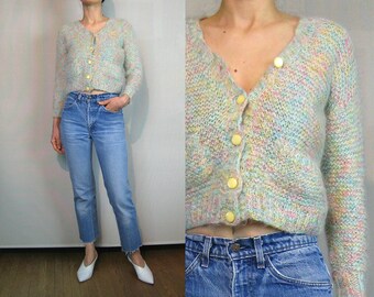 70s Rainbow Marled MOHAIR Cropped Cardigan with Pockets