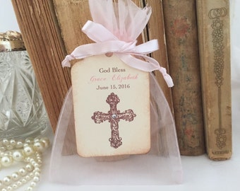 Girls Baptism Favor Set Organza Bags, Personalized Tags Set of 10 Christening First Communion - Pink Cross
