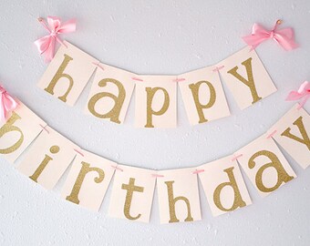 Pink and Gold Birthday Party Decorations. Ships in 2-3 Business Days. Glitter Gold Happy Birthday Banner.