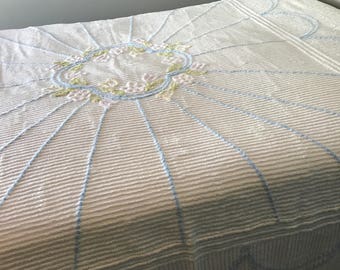 Vintage Chenille Bedspread Floral Pastel Colours 90 x 94 Inch Heirloom Soft Blanket