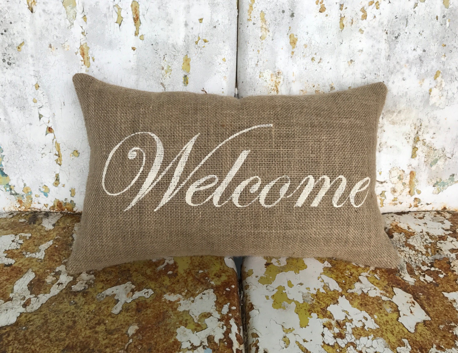 Burlap WELCOME Decorative Pillow Custom Colors Available