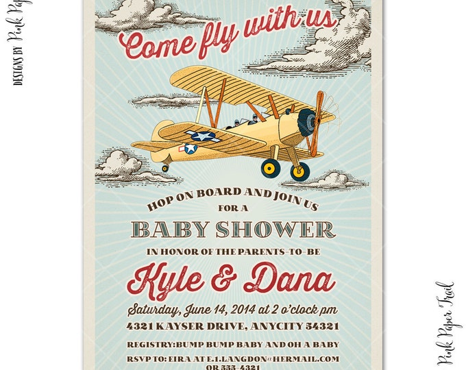 Retro Biplane Airplane Invitation, Airplane Birthday, Baby Shower, Aviator Party, Digital Printable Invitation