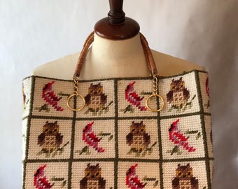 Vintage Needlepoint Tote/Handbag with an Owl and Cardinal motif