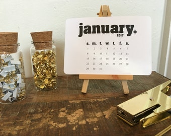Bold Typography Desktop Calendar with Wood Stand - 2017 - Small Desktop Calendar - Christmas Gift - Office Accessories - Mini Desk Calendar
